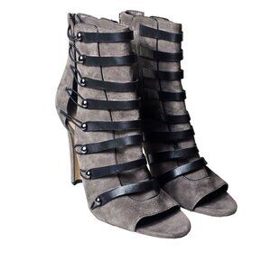 Karl Lagerfeld Paris Caby Strappy Suede Ankle High Heeled Booties Size 10 Gray